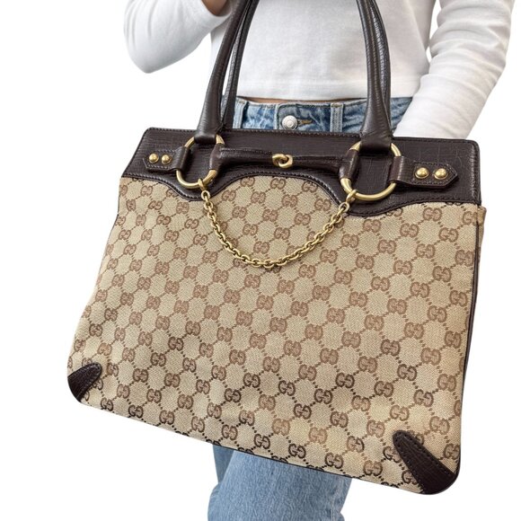 GUCCI Vintage Monogram Horsebit Chain Shoulder Bag Beige Brown Canvas [105425] - Picture 3 of 13
